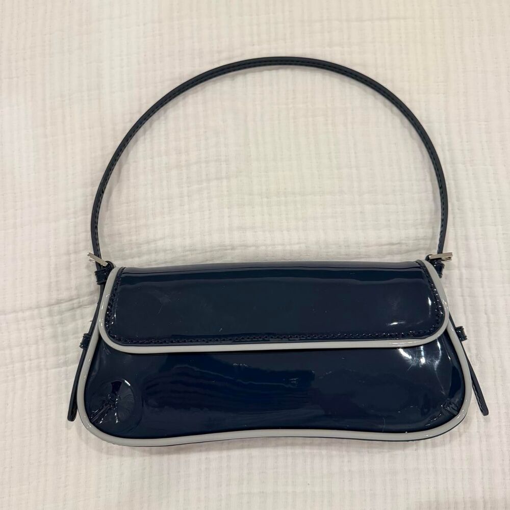 zara navy patent baguette shoulder bag